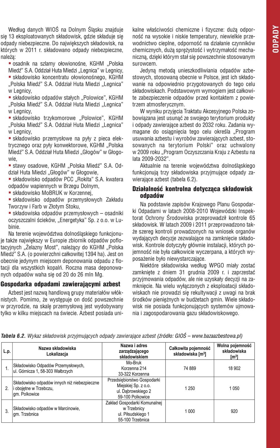A. Oddzia³ Huta Miedzi Legnica w Legnicy, sk³adowisko trzykomorowe Polowice, KGHM Polska MiedŸ S.A. Oddzia³ Huta Miedzi Legnica w Legnicy, sk³adowisko przemys³owe na py³y z pieca elektrycznego oraz py³y konwektorowe, KGHM Polska MiedŸ S.