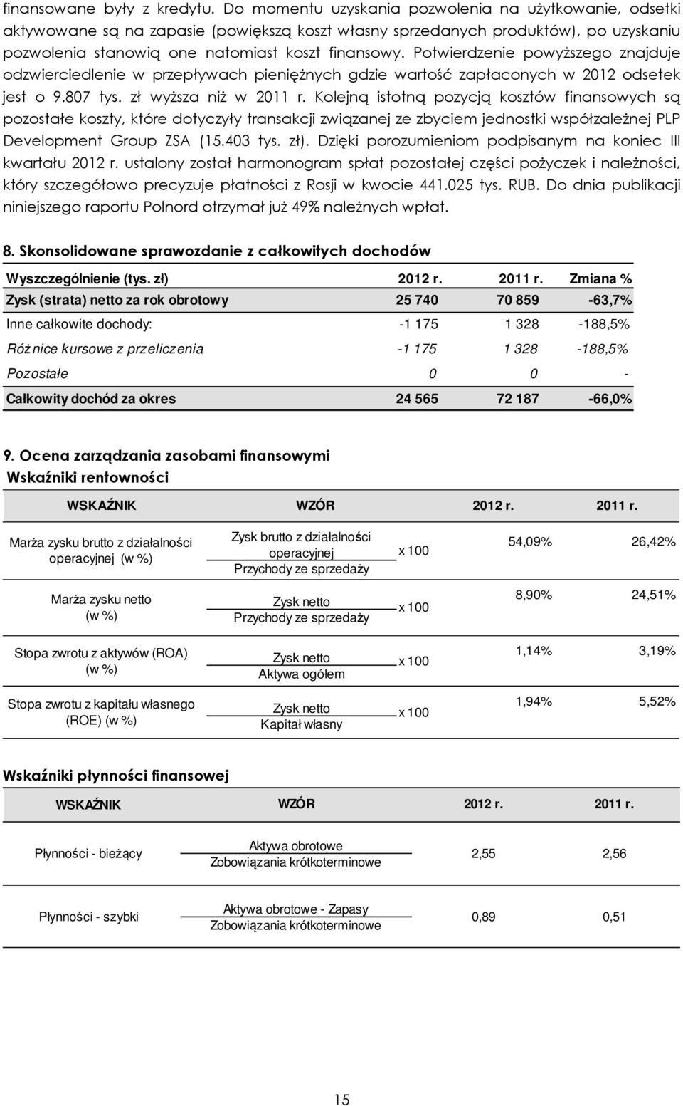Potwierdzenie powyższego znajduje odzwierciedlenie w przepływach pieniężnych gdzie wartość zapłaconych w 2012 odsetek jest o 9.807 tys. zł wyższa niż w 2011 r.