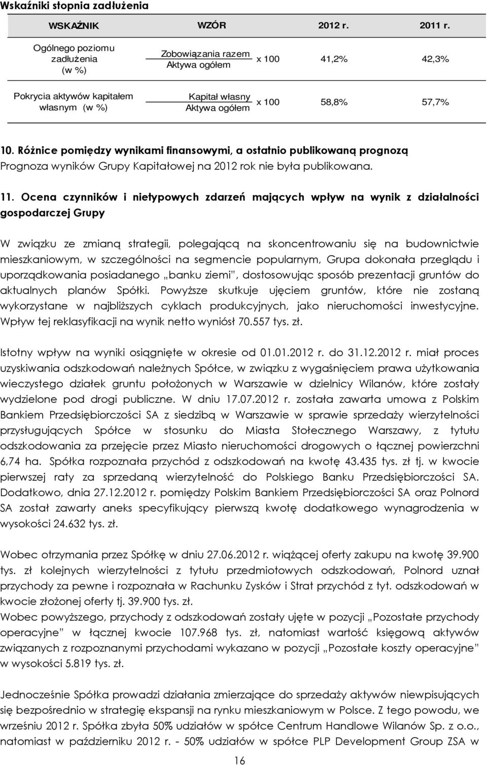 Różnice pomiędzy wynikami finansowymi, a ostatnio publikowaną prognozą Prognoza wyników Grupy Kapitałowej na 2012 rok nie była publikowana. 11.
