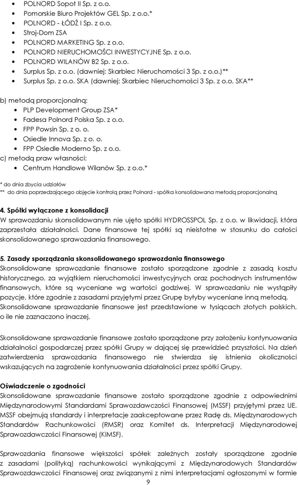 z o.o. FPP Powsin Sp. z o. o. Osiedle Innova Sp. z o. o. FPP Osiedle Moderno Sp. z o.o. c) metodą praw własności: Centrum Handlowe Wilanów Sp. z o.o.* * do dnia zbycia udziałów ** do dnia poprzedzającego objęcie kontrolą przez Polnord - spółka konsolidowana metodą proporcjonalną 4.