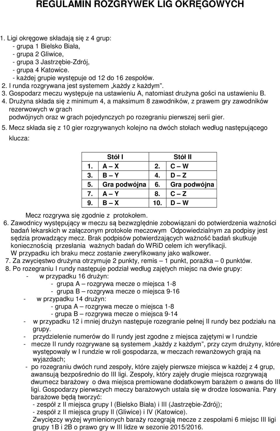 Drużyna składa się z minimum 4, a maksimum 8 zawodników, z prawem gry zawodników rezerwowych w ch podwójnych oraz w ch pojedynczych po rozeniu pierwszej serii gier. 5.