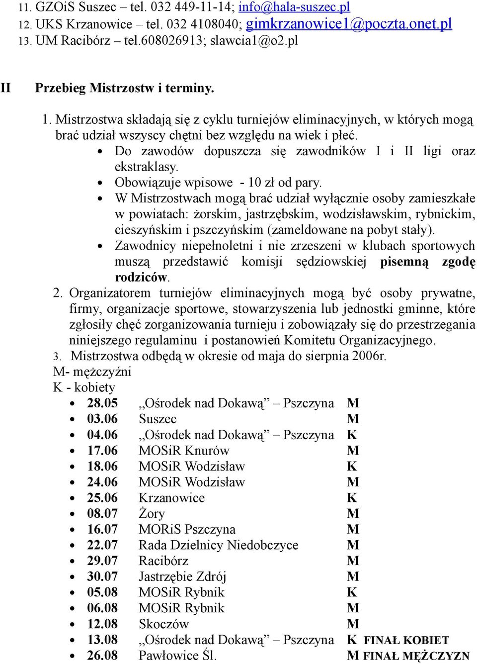 Do zawodów dopuszcza się zawodników I i II ligi oraz ekstraklasy. Obowiązuje wpisowe - 10 zł od pary.