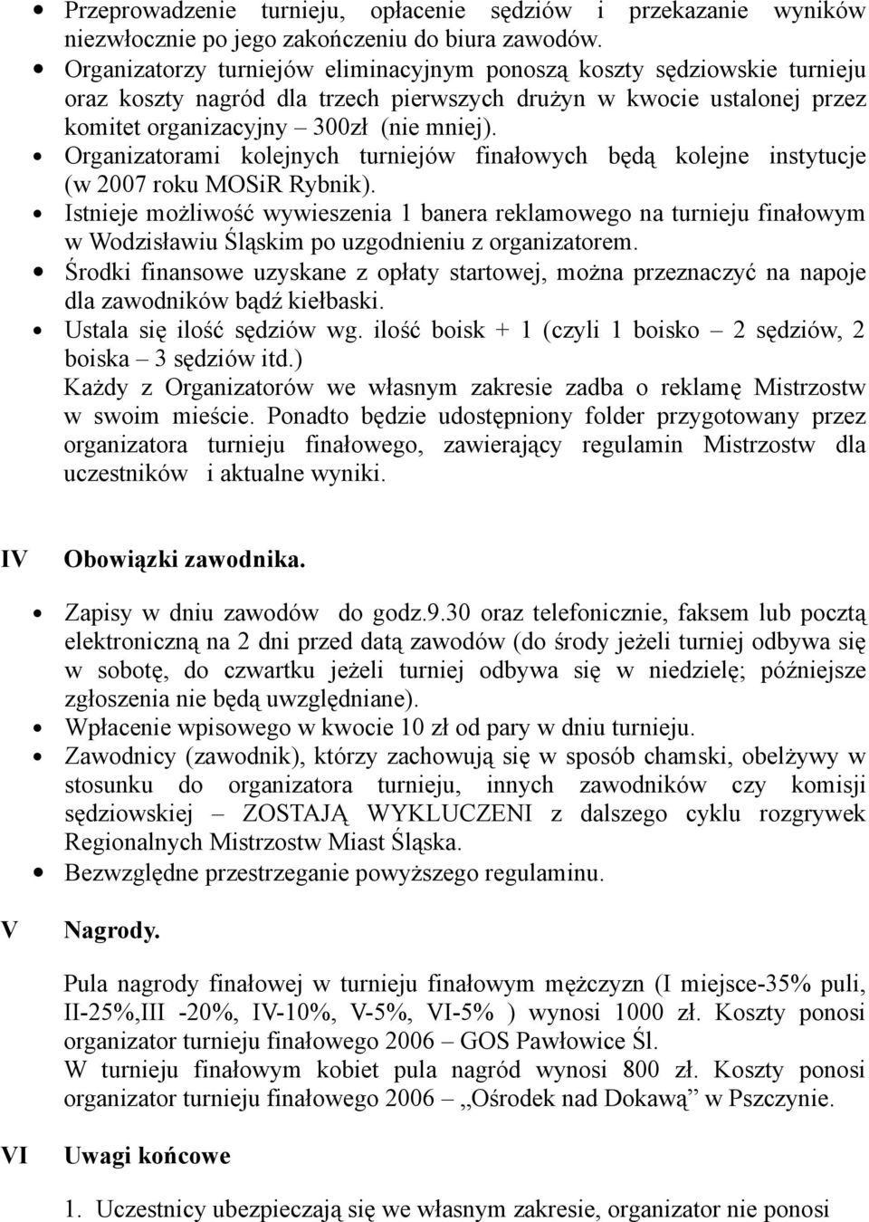 Organizatorami kolejnych turniejów finałowych będą kolejne instytucje (w 2007 roku MOSiR Rybnik).