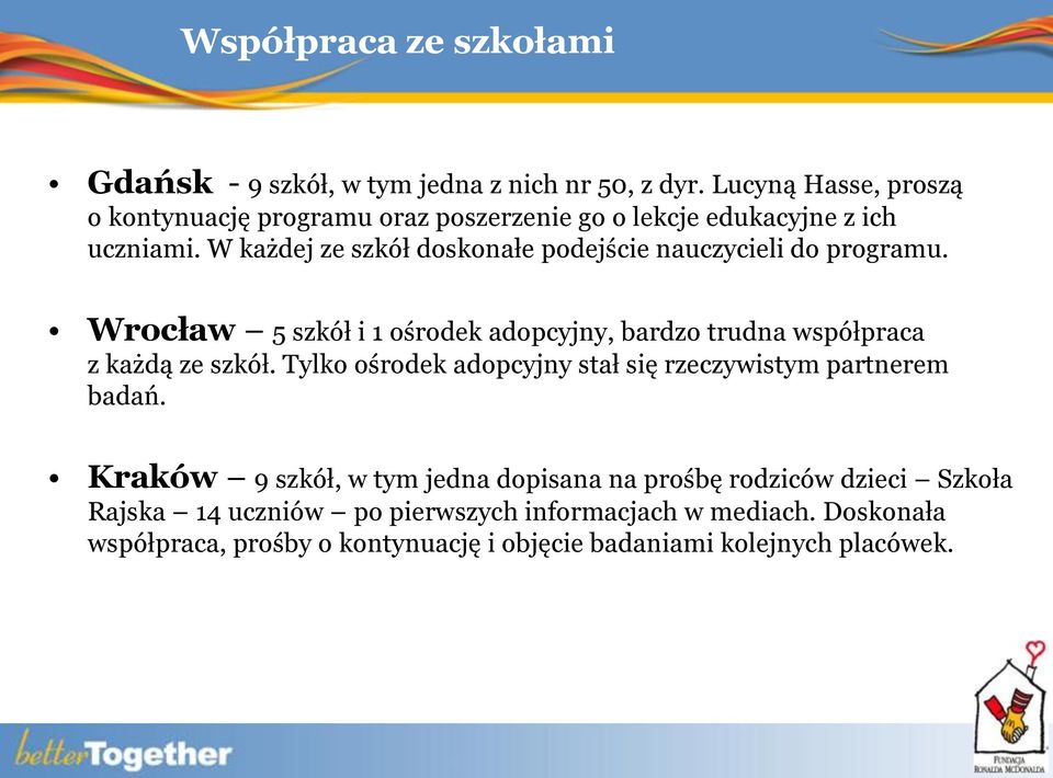 W każdej ze szkół doskonałe podejście nauczycieli do programu. Wrocław 5 szkół i 1 ośrodek adopcyjny, bardzo trudna współpraca z każdą ze szkół.