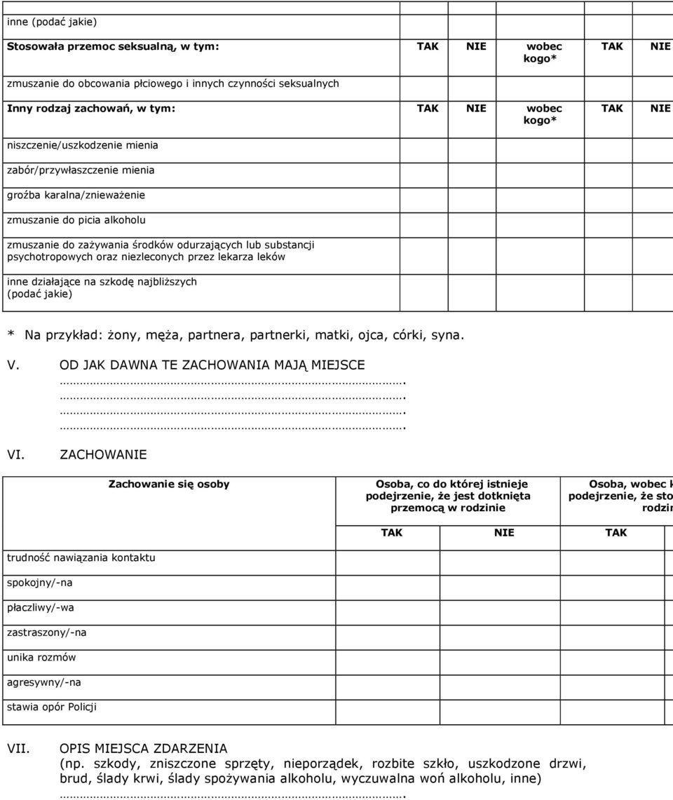 inne działające na szkodę najbliższych (podać jakie) * Na przykład: żony, męża, partnera, partnerki, matki, ojca, córki, syna. V. OD JAK DAWNA TE ZACHOWANIA MAJĄ MIEJSCE.... VI.