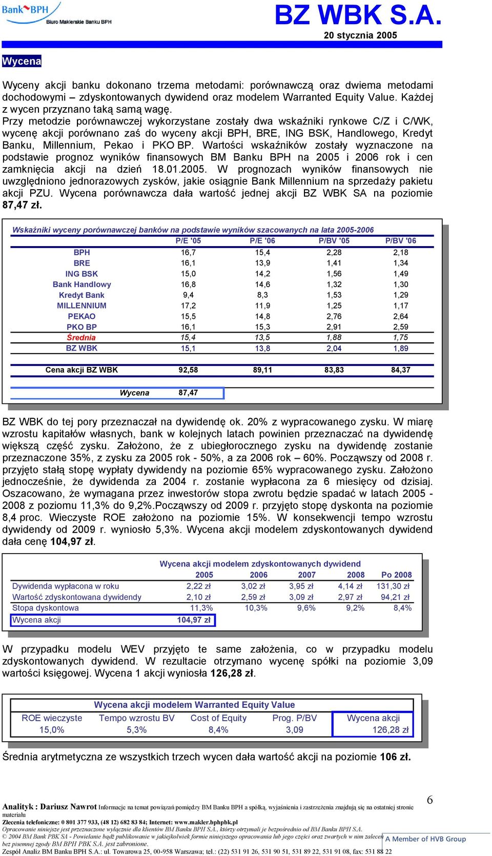 Wartości wskaźników zostały wyznaczone na podstawie prognoz wyników finansowych BM Banku BPH na 2005 