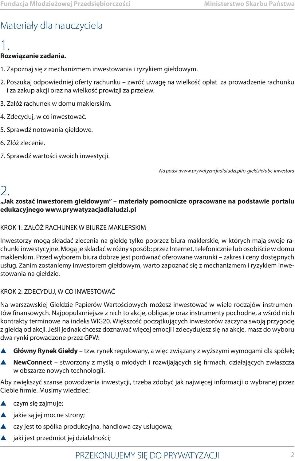Zdecyduj, w co inwetować. 5. Sprawdź notowania giełdowe. 6. Złóż zlecenie. 7. Sprawdź wartości woich inwetycji. Na podt.:www.prywatyzacjadlaludzi.pl/o-gieldzie/abc-inwetora 2.