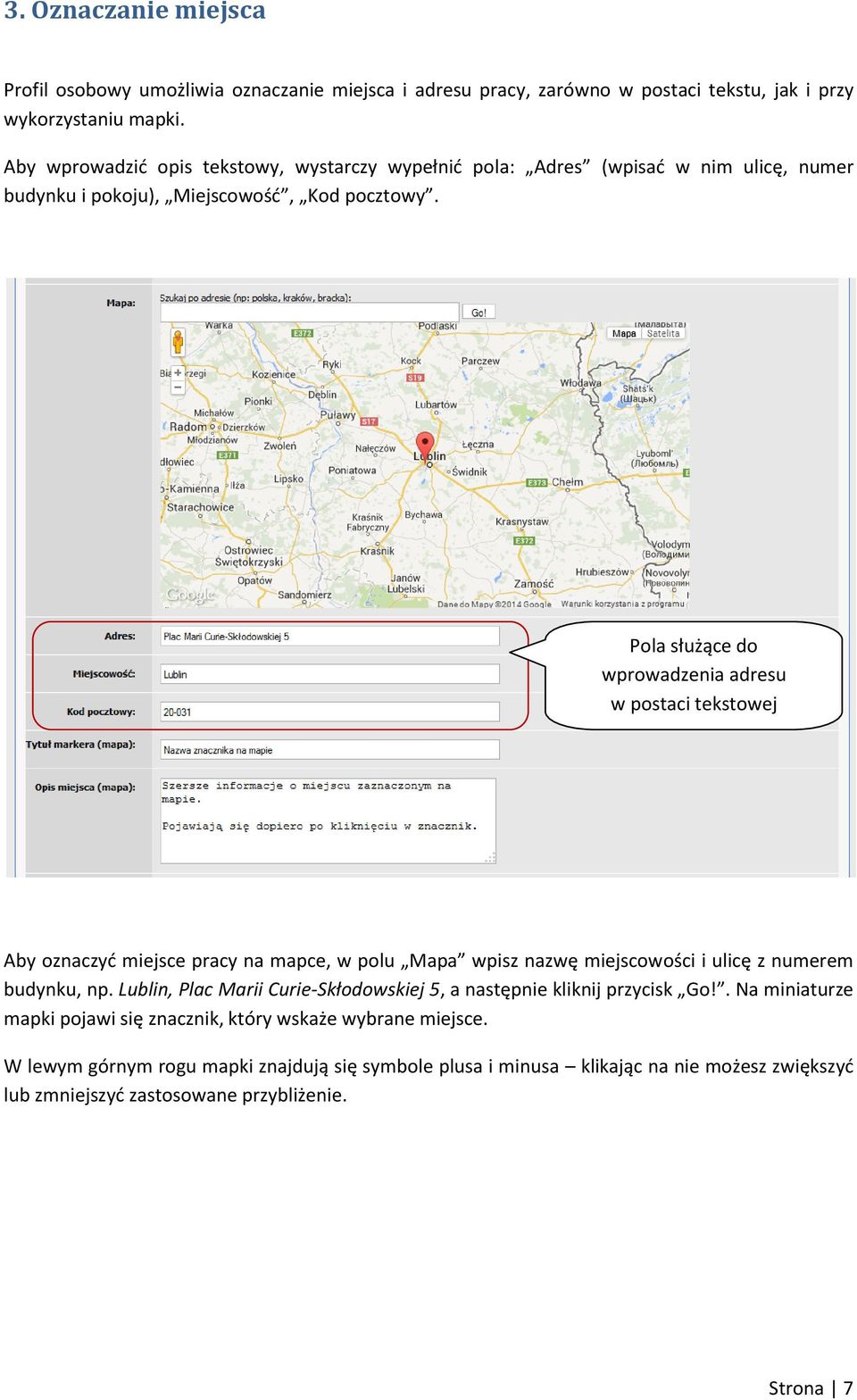 Pola służące do wprowadzenia adresu w postaci tekstowej Aby oznaczyć miejsce pracy na mapce, w polu Mapa wpisz nazwę miejscowości i ulicę z numerem budynku, np.