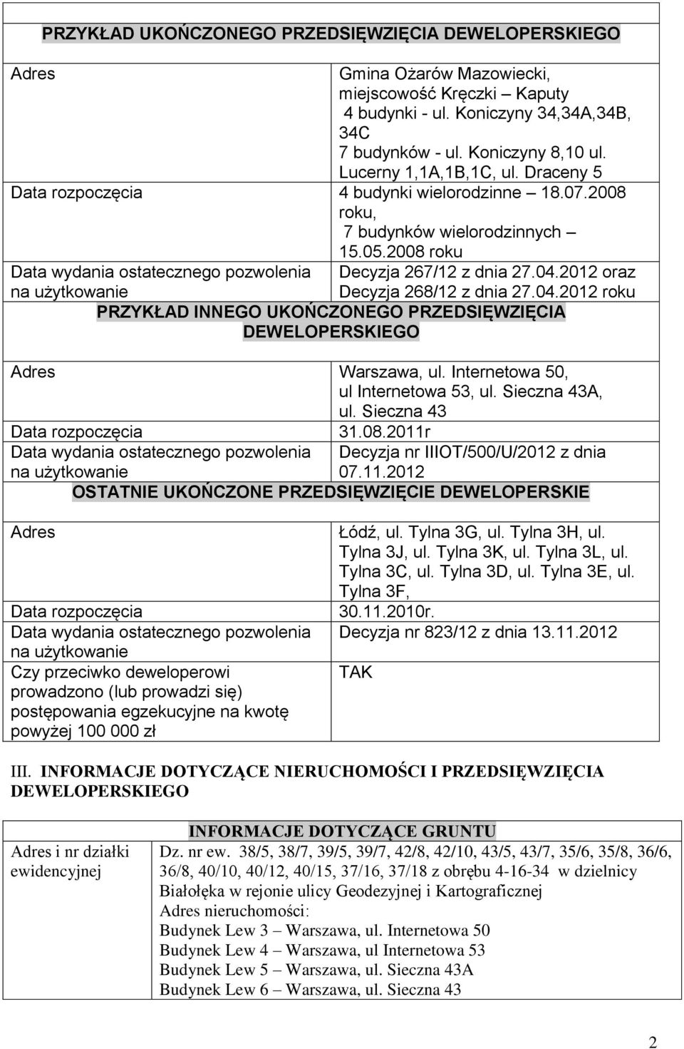 2008 roku Decyzja 267/12 z dnia 27.04.2012 oraz Decyzja 268/12 z dnia 27.04.2012 roku PRZYKŁAD INNEGO UKOŃCZONEGO PRZEDSIĘWZIĘCIA DEWELOPERSKIEGO Adres Warszawa, ul.