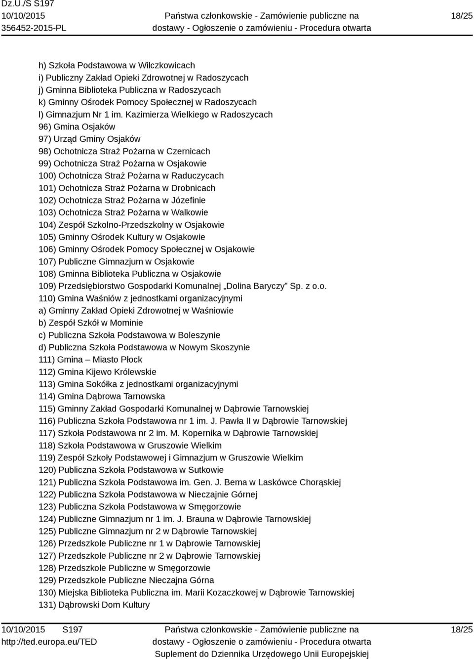 Kazimierza Wielkiego w Radoszycach 96) Gmina Osjaków 97) Urząd Gminy Osjaków 98) Ochotnicza Straż Pożarna w Czernicach 99) Ochotnicza Straż Pożarna w Osjakowie 100) Ochotnicza Straż Pożarna w