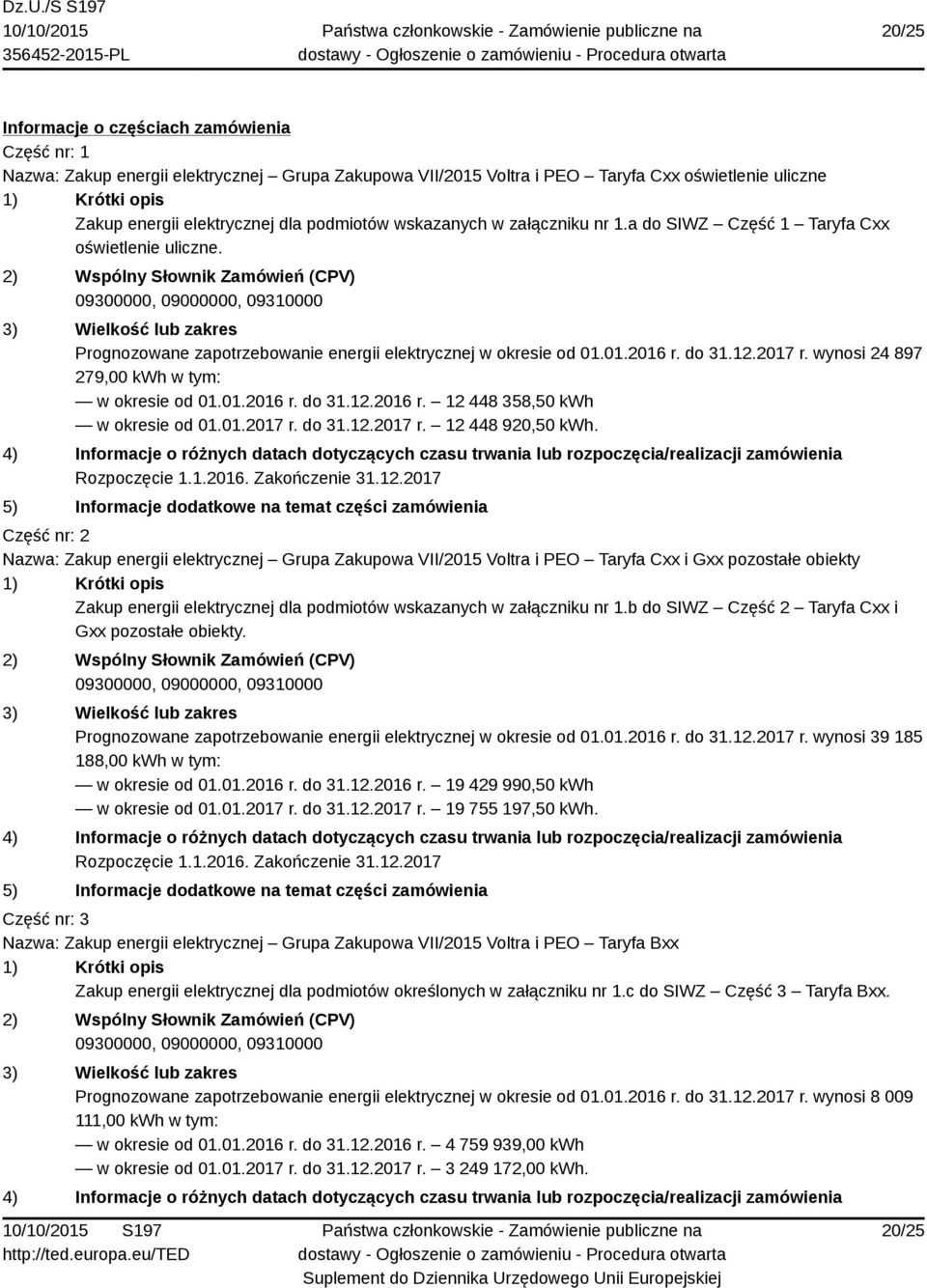 2) Wspólny Słownik Zamówień (CPV) 09300000, 09000000, 09310000 3) Wielkość lub zakres Prognozowane zapotrzebowanie energii elektrycznej w okresie od 01.01.2016 r. do 31.12.2017 r.
