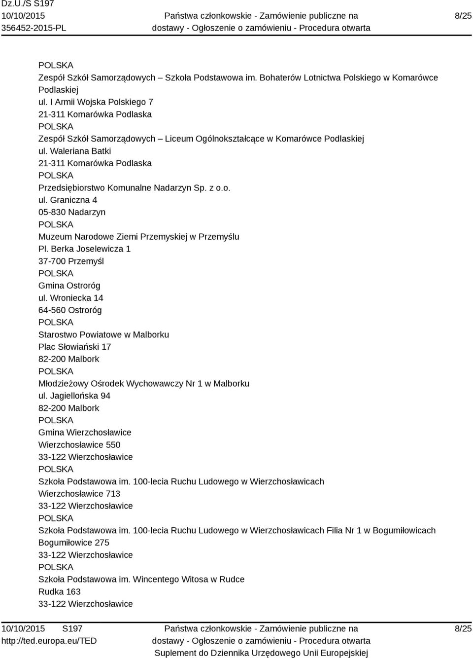 Waleriana Batki 21-311 Komarówka Podlaska Przedsiębiorstwo Komunalne Nadarzyn Sp. z o.o. ul. Graniczna 4 05-830 Nadarzyn Muzeum Narodowe Ziemi Przemyskiej w Przemyślu Pl.
