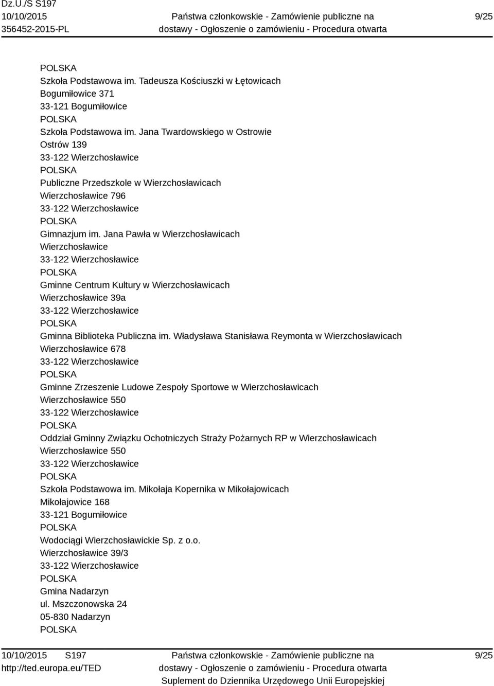 Jana Pawła w Wierzchosławicach Wierzchosławice 33-122 Wierzchosławice Gminne Centrum Kultury w Wierzchosławicach Wierzchosławice 39a 33-122 Wierzchosławice Gminna Biblioteka Publiczna im.
