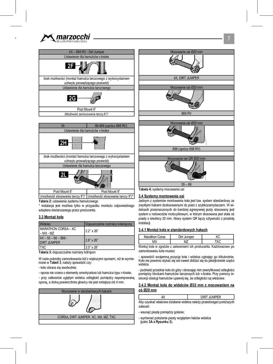 RV) brak możliwości (montaż hamulca tarczowego z wykorzystaniem uchwytu prowadzącego przewód) Ustawienie dla hamulca tarczowego Mocowanie osi QR Ø20 mm Post Mount 6 Post Mount 8 (możliwość stosowania