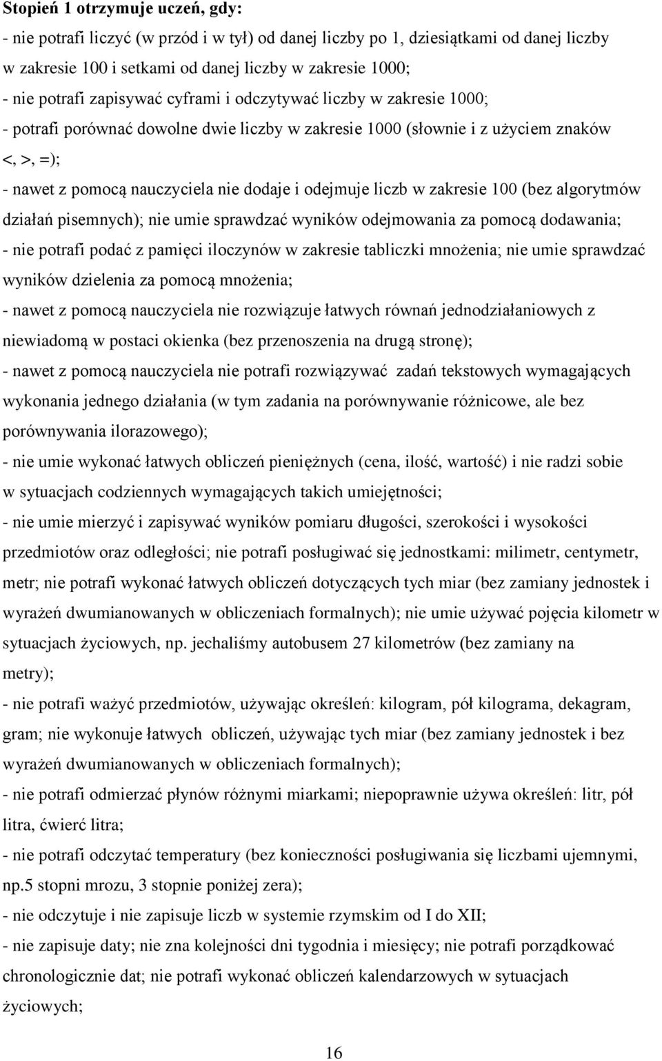 liczb w zakresie 100 (bez algorytmów działań pisemnych); nie umie sprawdzać wyników odejmowania za pomocą dodawania; - nie potrafi podać z pamięci iloczynów w zakresie tabliczki mnożenia; nie umie