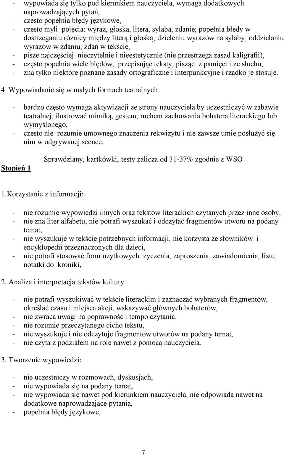 zasad kaligrafii), - często popełnia wiele błędów, przepisując teksty, pisząc z pamięci i ze słuchu, - zna tylko niektóre poznane zasady ortograficzne i interpunkcyjne i rzadko je stosuje. 4.