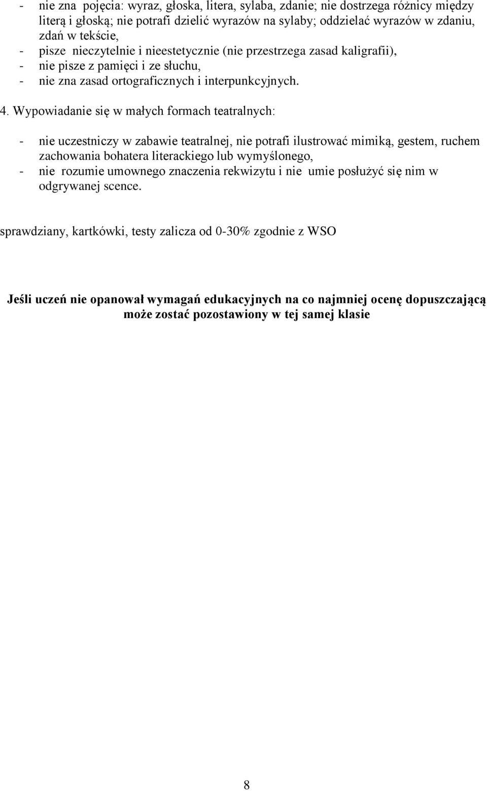 Wypowiadanie się w małych formach teatralnych: - nie uczestniczy w zabawie teatralnej, nie potrafi ilustrować mimiką, gestem, ruchem zachowania bohatera literackiego lub wymyślonego, - nie rozumie