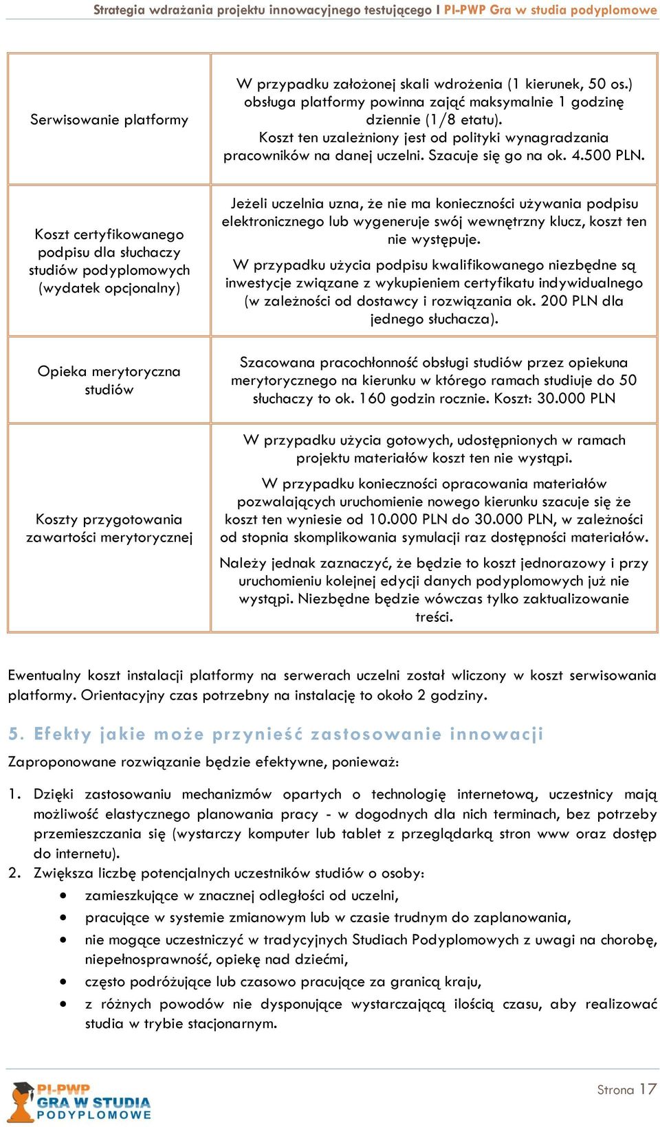 Koszt certyfikowanego podpisu dla słuchaczy studiów podyplomowych (wydatek opcjonalny) Opieka merytoryczna studiów Koszty przygotowania zawartości merytorycznej Jeżeli uczelnia uzna, że nie ma