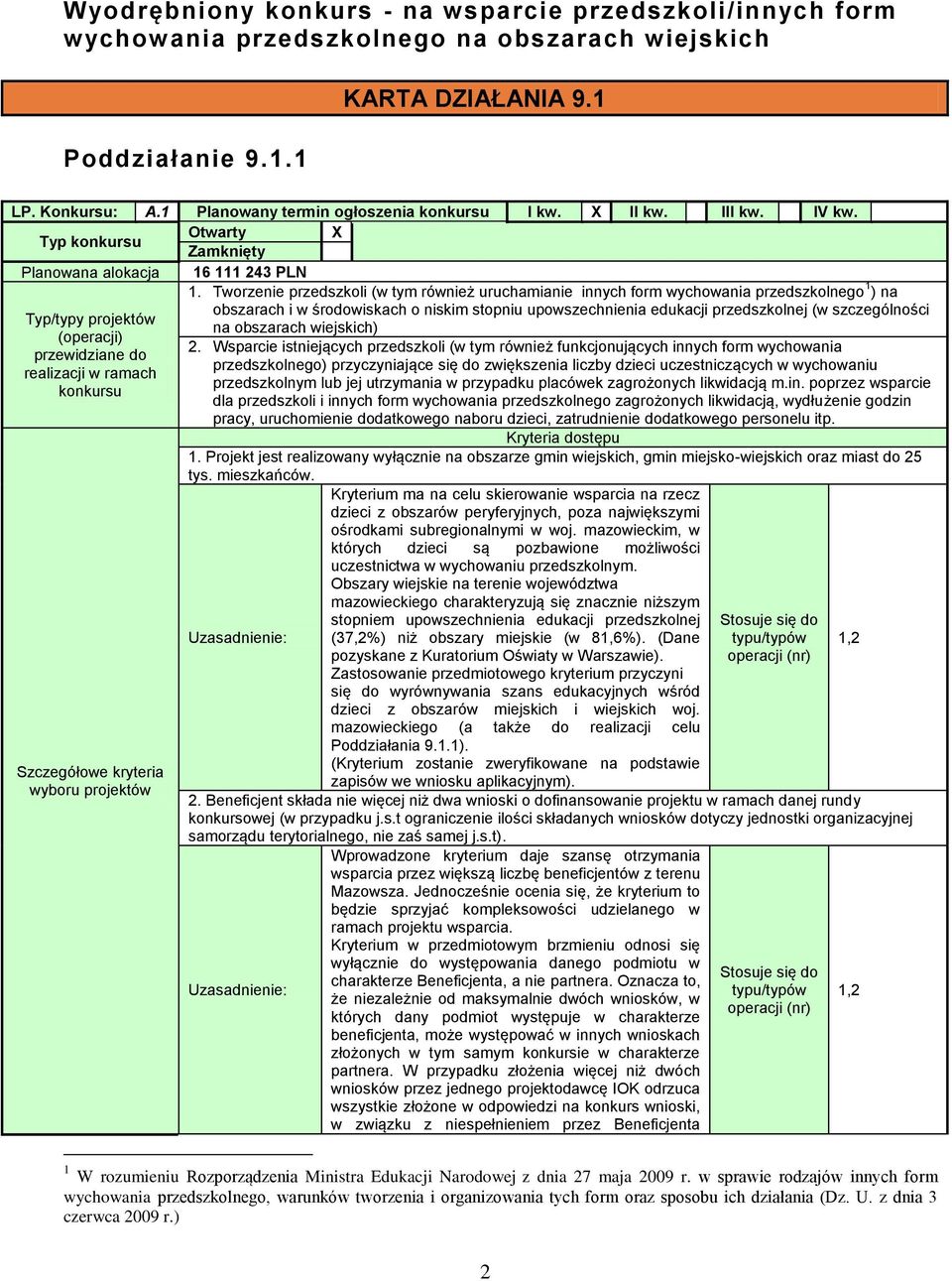 Tworzenie przedszkoli (w tym również uruchamianie innych form wychowania przedszkolnego 1 ) na obszarach i w środowiskach o niskim stopniu upowszechnienia edukacji przedszkolnej (w szczególności