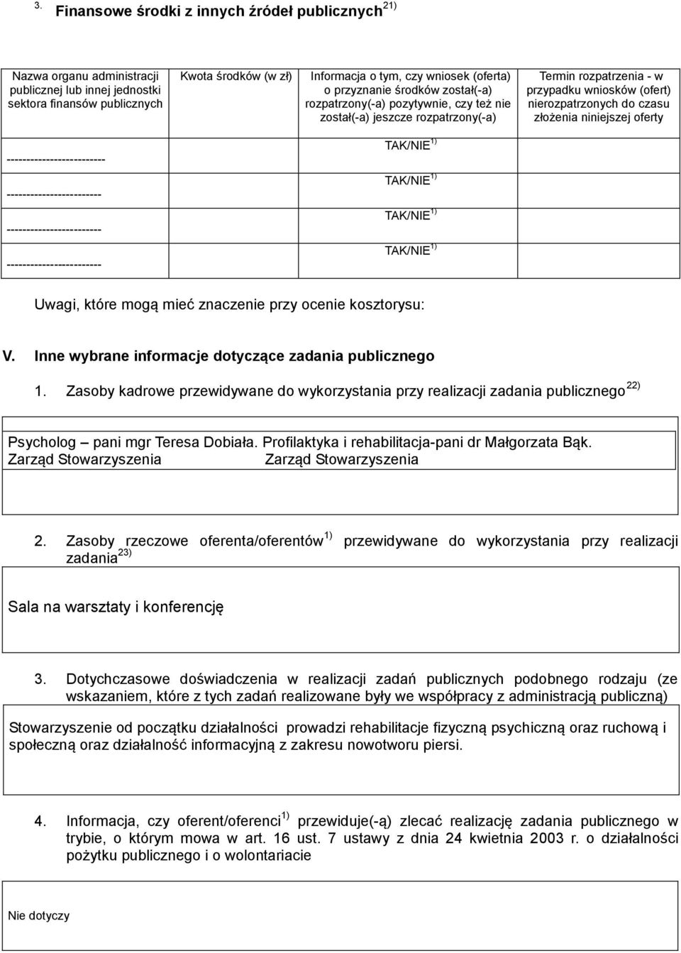 niniejszej oferty ------------------------- TAK/NIE 1) ------------------------ TAK/NIE 1) ------------------------ TAK/NIE 1) ------------------------ TAK/NIE 1) Uwagi, które mogą mieć znaczenie