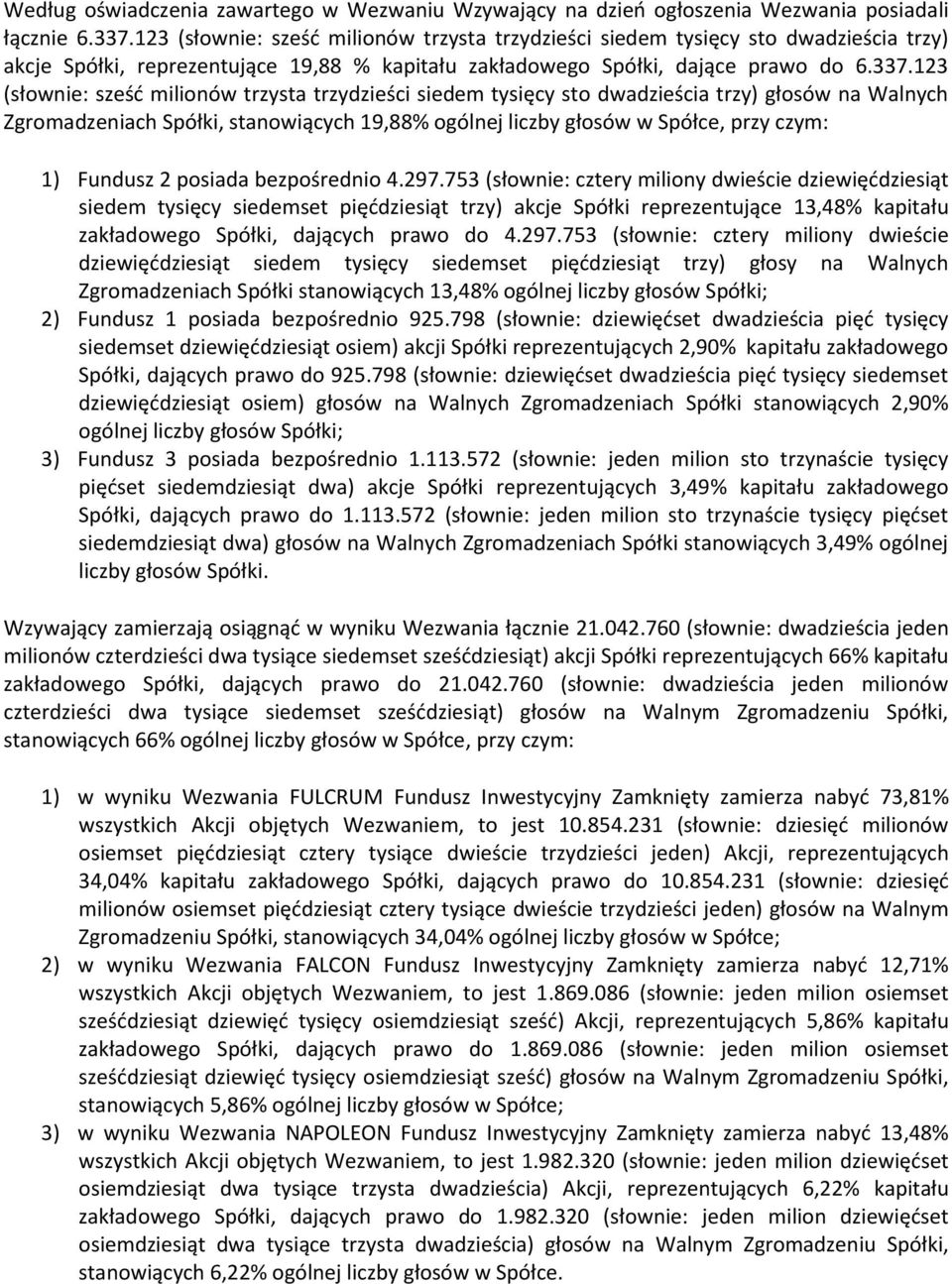 123 (słownie: sześć milionów trzysta trzydzieści siedem tysięcy sto dwadzieścia trzy) głosów na Walnych Zgromadzeniach Spółki, stanowiących 19,88% ogólnej liczby głosów w Spółce, przy czym: 1)