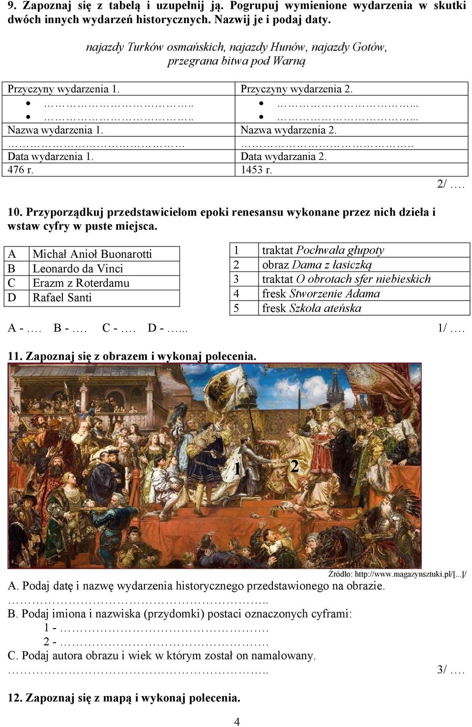 Data wydarzania 2. 476 r. 1453 r. 2/. 10. Przyporządkuj przedstawicielom epoki renesansu wykonane przez nich dzieła i wstaw cyfry w puste miejsca.