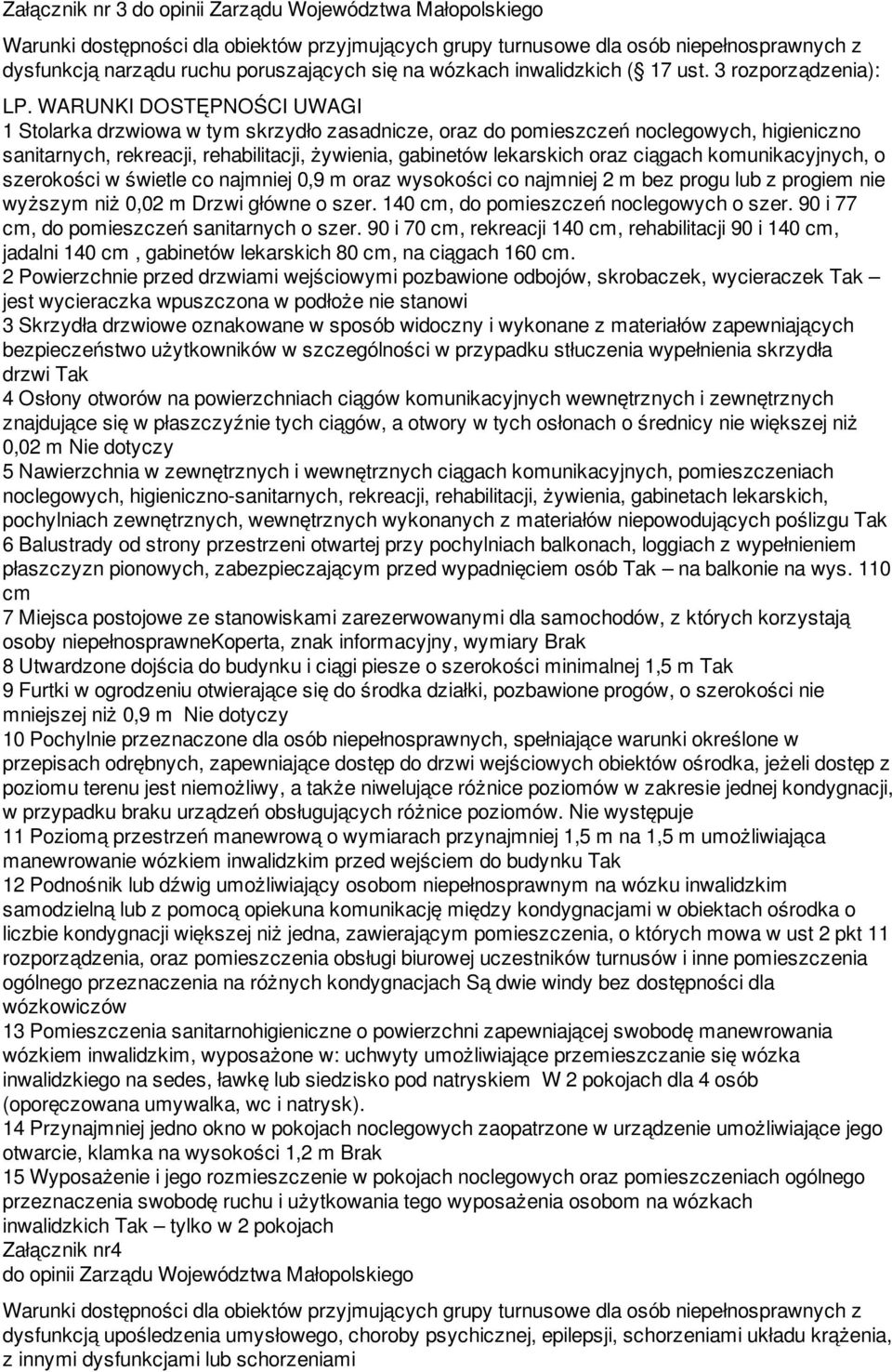 WARUNKI DOSTĘPNOŚCI UWAGI 1 Stolarka drzwiowa w tym skrzydło zasadnicze, oraz do pomieszczeń noclegowych, higieniczno sanitarnych, rekreacji, rehabilitacji, żywienia, gabinetów lekarskich oraz