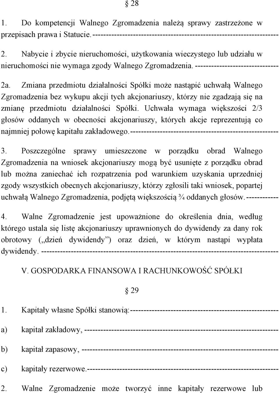 Zmiana przedmiotu działalności Spółki może nastąpić uchwałą Walnego Zgromadzenia bez wykupu akcji tych akcjonariuszy, którzy nie zgadzają się na zmianę przedmiotu działalności Spółki.