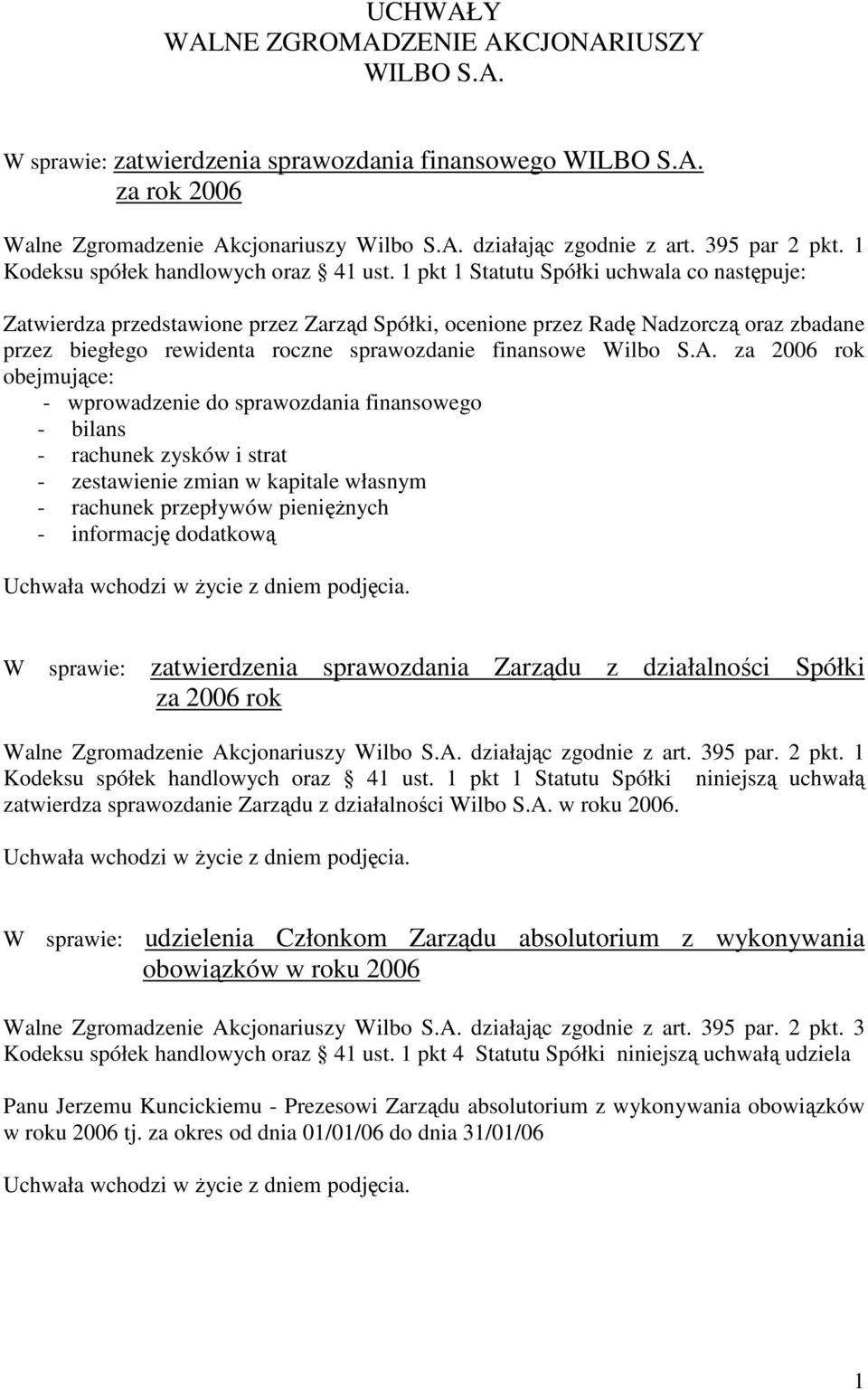 1 pkt 1 Statutu Spółki uchwala co następuje: Zatwierdza przedstawione przez Zarząd Spółki, ocenione przez Radę Nadzorczą oraz zbadane przez biegłego rewidenta roczne sprawozdanie finansowe Wilbo S.A.