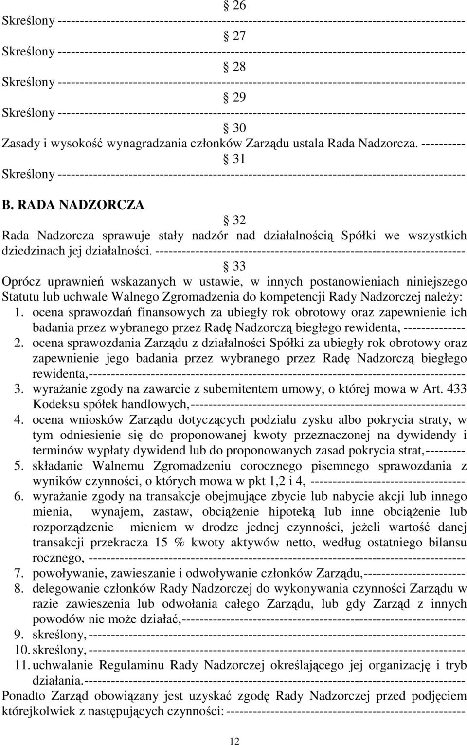 ---------------------------------------------------------------------- 33 Oprócz uprawnień wskazanych w ustawie, w innych postanowieniach niniejszego Statutu lub uchwale Walnego Zgromadzenia do