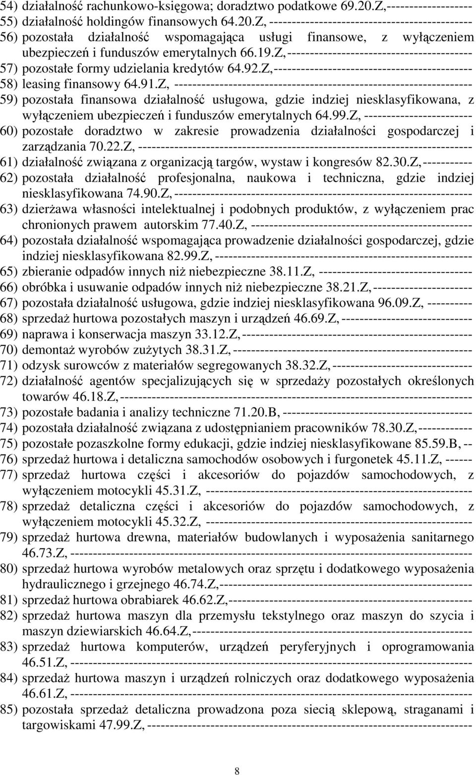 Z, --------------------------------------------- 56) pozostała działalność wspomagająca usługi finansowe, z wyłączeniem ubezpieczeń i funduszów emerytalnych 66.19.