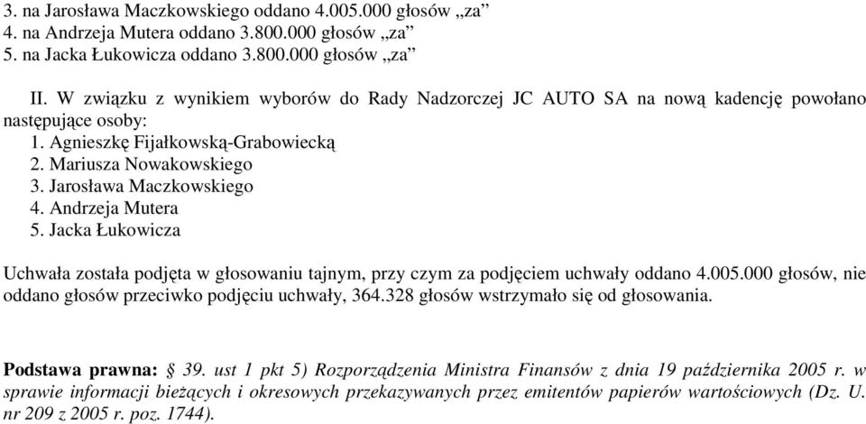 Jarosława Maczkowskiego 4. Andrzeja Mutera 5. Jacka Łukowicza Uchwała została podjęta w głosowaniu tajnym, przy czym za podjęciem uchwały oddano 4.005.