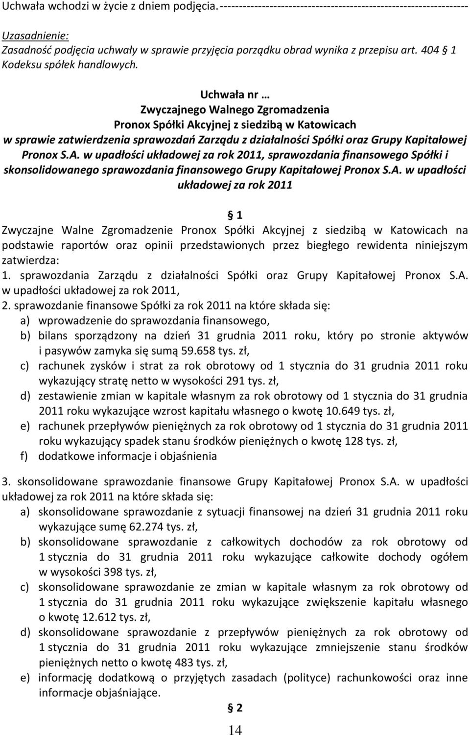w upadłości układowej za rok 2011, sprawozdania finansowego Spółki i skonsolidowanego sprawozdania finansowego Grupy Kapitałowej Pronox S.A.