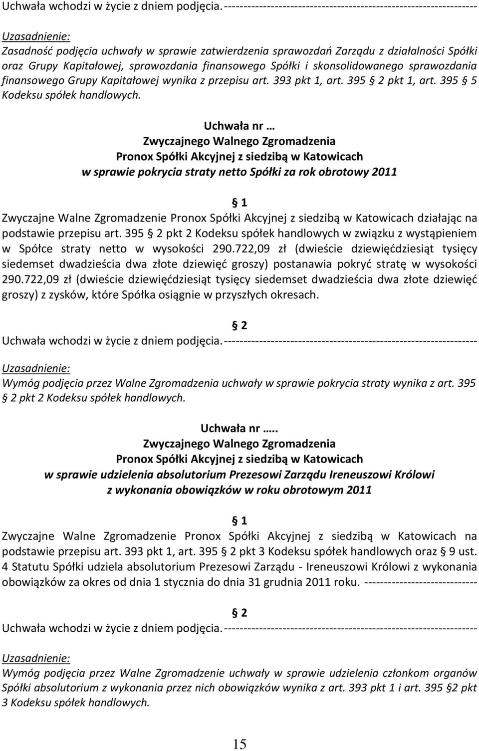 Uchwała nr w sprawie pokrycia straty netto Spółki za rok obrotowy 2011 Zwyczajne Walne Zgromadzenie działając na podstawie przepisu art.