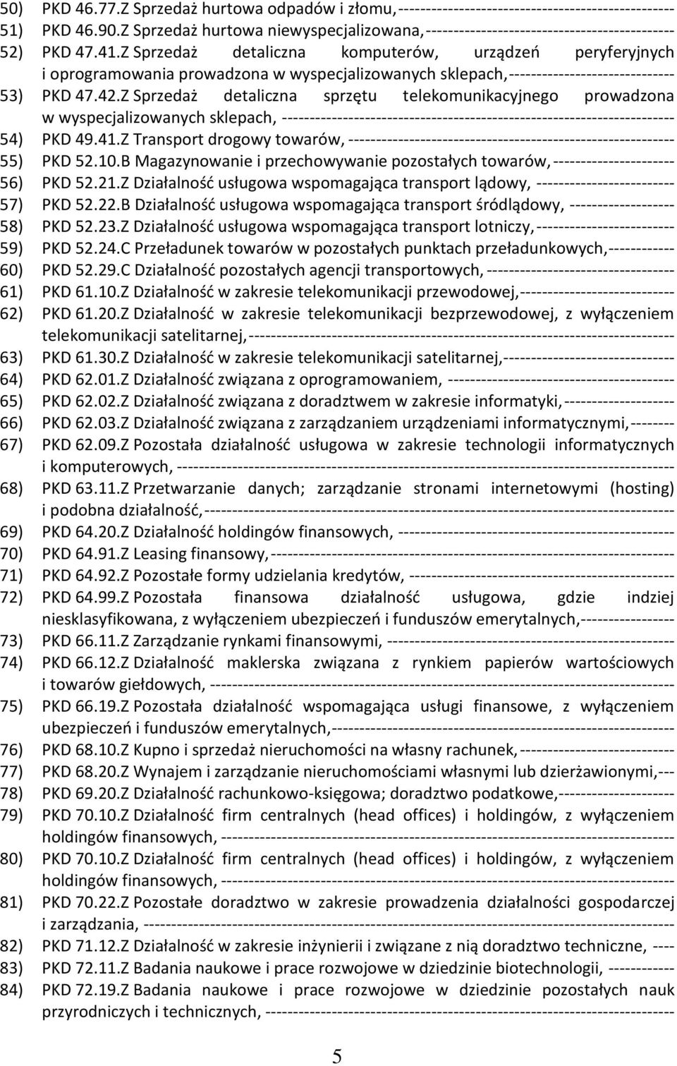 Z Sprzedaż detaliczna komputerów, urządzeń peryferyjnych i oprogramowania prowadzona w wyspecjalizowanych sklepach, ------------------------------ 53) PKD 47.42.