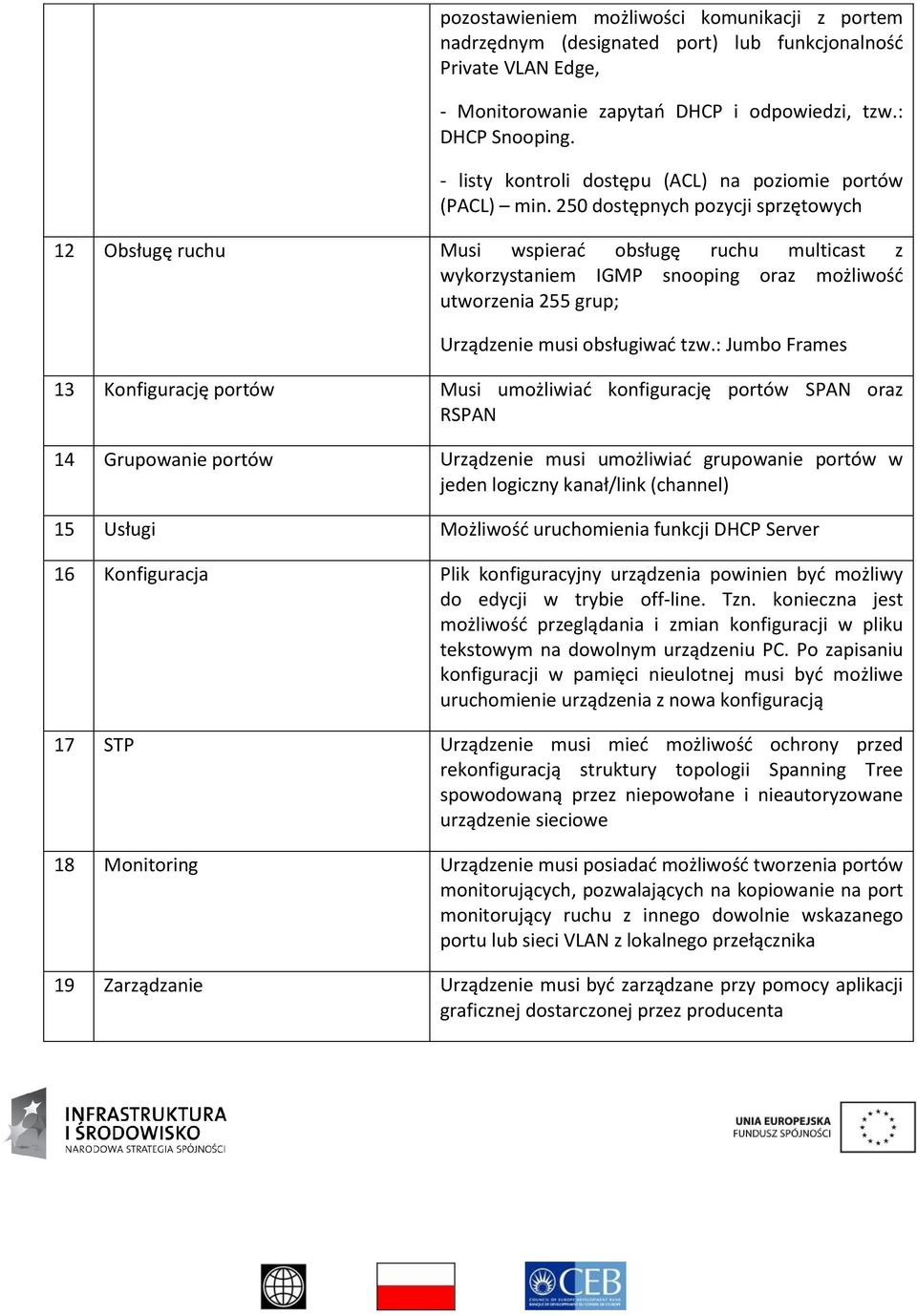 250 dostępnych pozycji sprzętowych 12 Obsługę ruchu Musi wspierać obsługę ruchu multicast z wykorzystaniem IGMP snooping oraz możliwość utworzenia 255 grup; Urządzenie musi obsługiwać tzw.