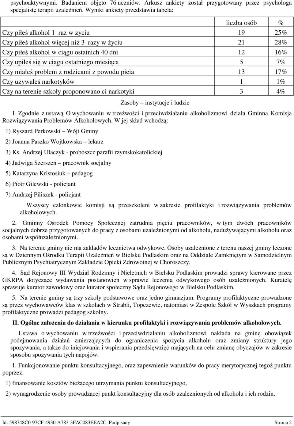 się w ciągu ostatniego miesiąca 5 7% Czy miałeś problem z rodzicami z powodu picia 13 17% Czy używałeś narkotyków 1 1% Czy na terenie szkoły proponowano ci narkotyki 3 4% Zasoby instytucje i ludzie 1.