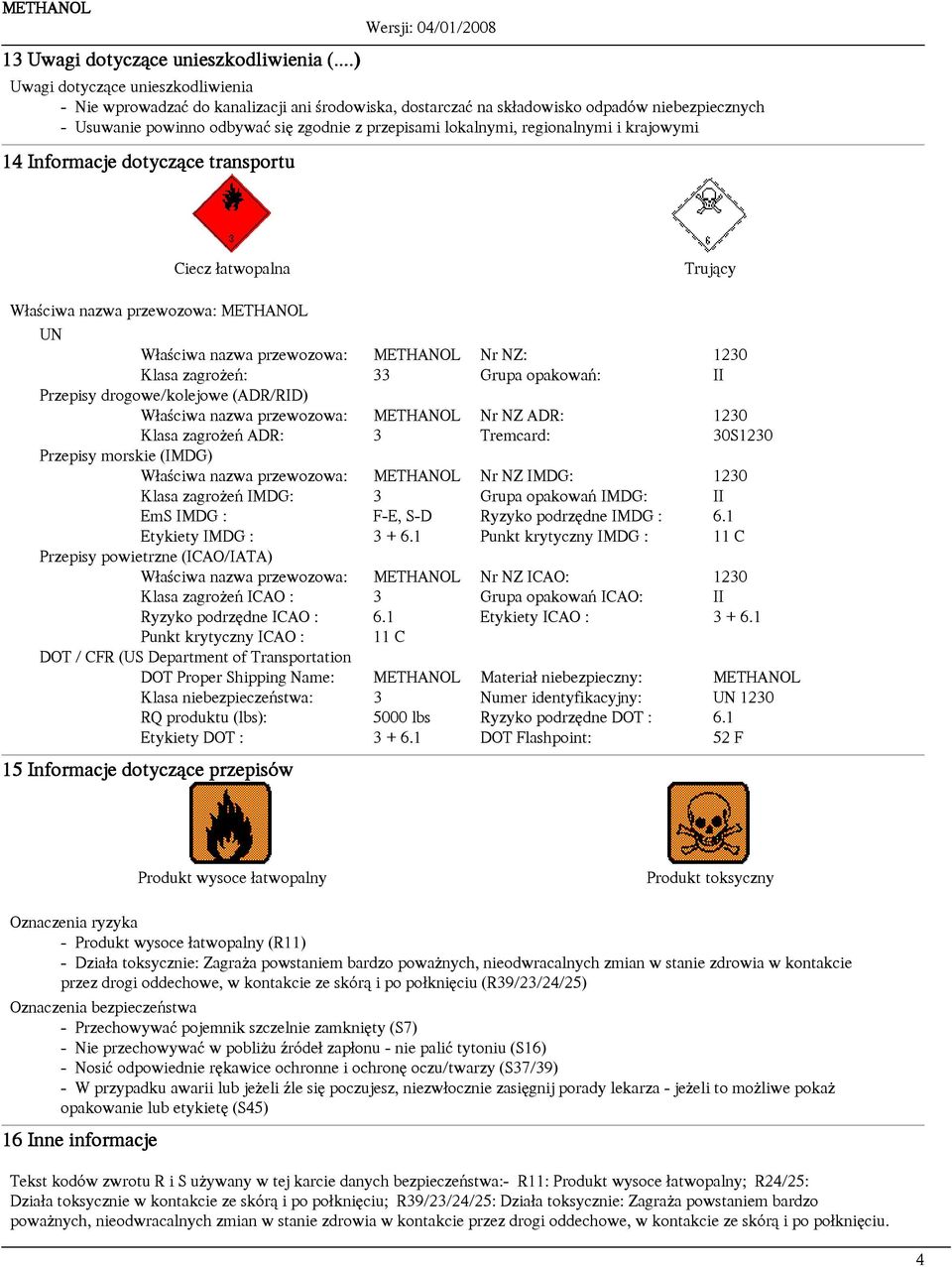 regionalnymi i krajowymi 14 Informacje dotycz¹ce ce transportu Ciecz ³atwopalna Truj¹cy W³aœciwa nazwa przewozowa: METHANOL UN W³aœciwa nazwa przewozowa: METHANOL Nr NZ: 1230 Klasa zagro eñ: 33 Grupa
