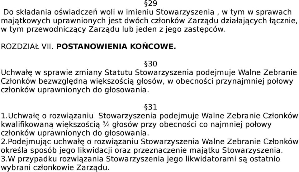 30 Uchwałę w sprawie zmiany Statutu Stowarzyszenia podejmuje Walne Zebranie Członków bezwzględną większością głosów, w obecności przynajmniej połowy członków uprawnionych do głosowania. 31 1.