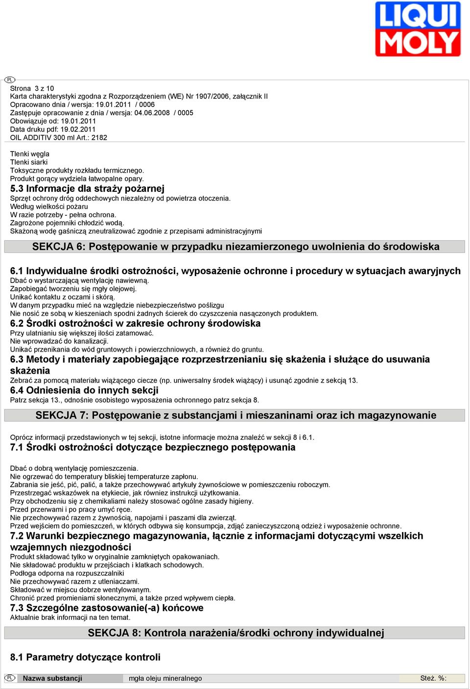 Sżoną wodę gaśniczą zneutralizować zgodnie z przepisami administracyjnymi SEKCJA 6: Postępowanie w przypadku niezamierzonego uwolnienia do środowis 6.