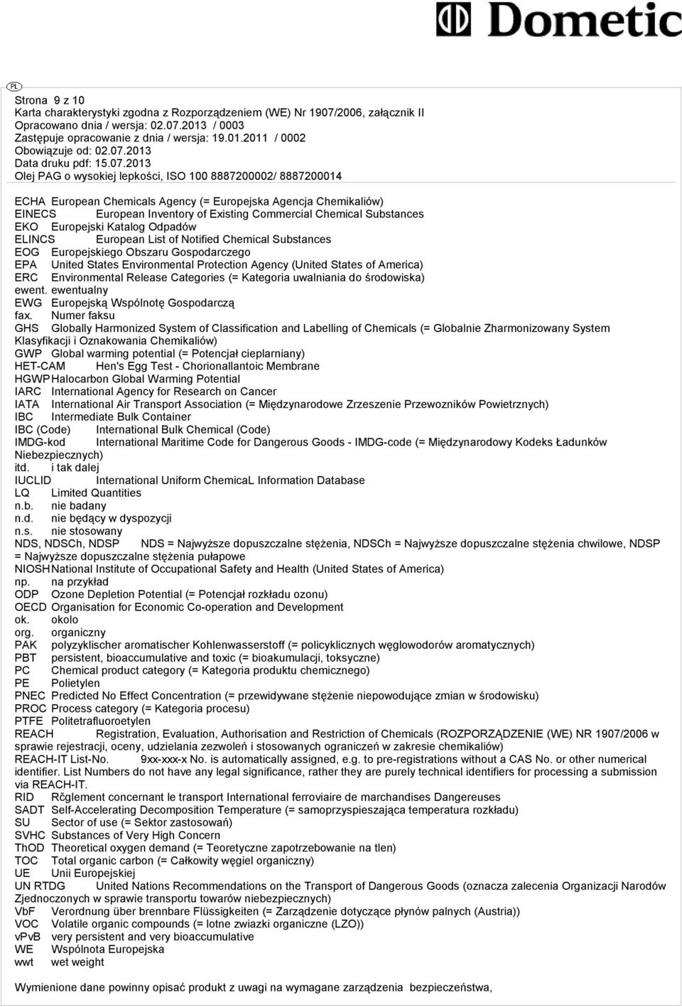 Kategoria uwalniania do środowiska) ewent. ewentualny EWG Europejską Wspólnotę Gospodarczą fax.