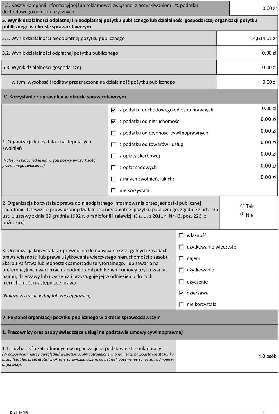 Wynik działalności nieodpłatnej pożytku publicznego 14,614.01 zł 5.2. Wynik działalności odpłatnej pożytku publicznego 5.3.