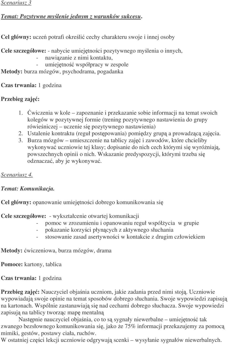Metody: burza mózgów, psychodrama, pogadanka Czas trwania: 1 