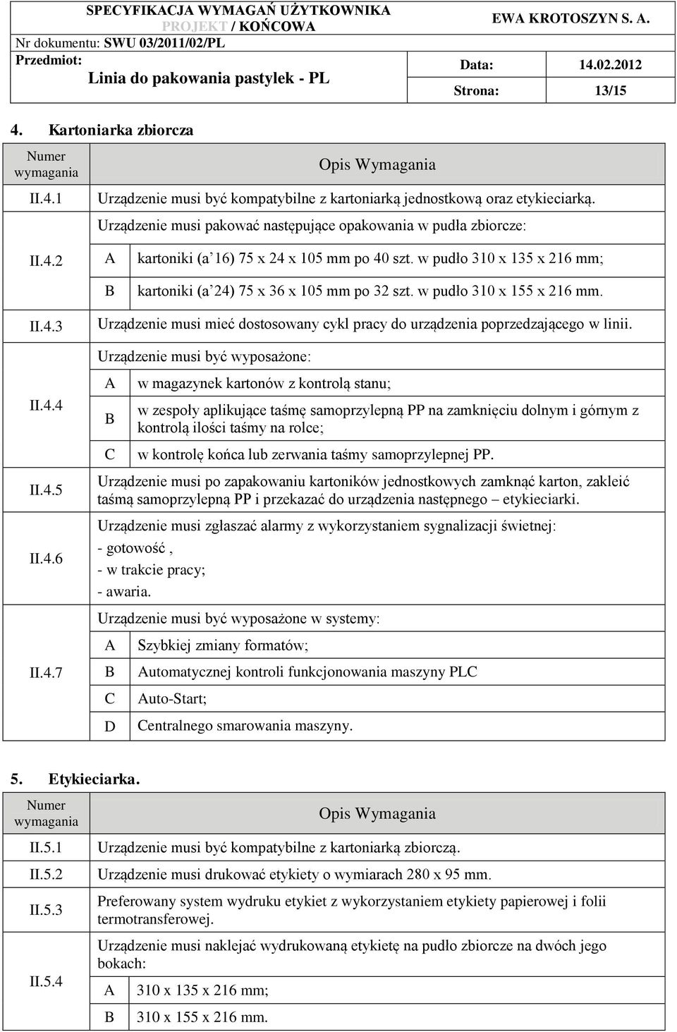 w pudło 310 x 155 x 216 mm. II.4.3 II.4.4 II.4.5 II.4.6 II.4.7 Urządzenie musi mieć dostosowany cykl pracy do urządzenia poprzedzającego w linii.