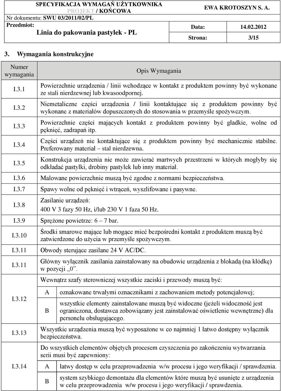 Powierzchnie części mających kontakt z produktem powinny być gładkie, wolne od pęknięć, zadrapań itp. zęści urządzeń nie kontaktujące się z produktem powinny być mechanicznie stabilne.