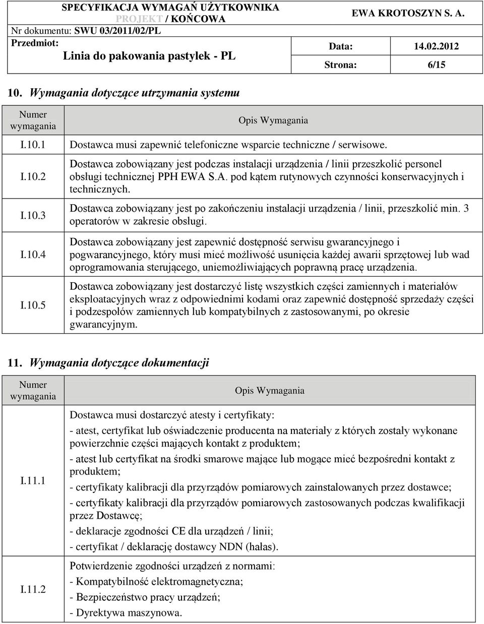 Dostawca zobowiązany jest po zakończeniu instalacji urządzenia / linii, przeszkolić min. 3 operatorów w zakresie obsługi.