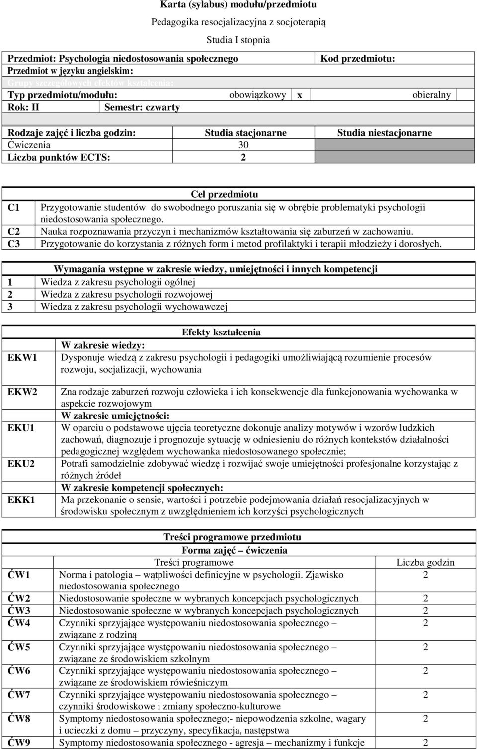 punktów ECTS: C1 C C3 Cel przedmiotu Przygotowanie studentów do swobodnego poruszania się w obrębie problematyki psychologii niedostosowania społecznego.