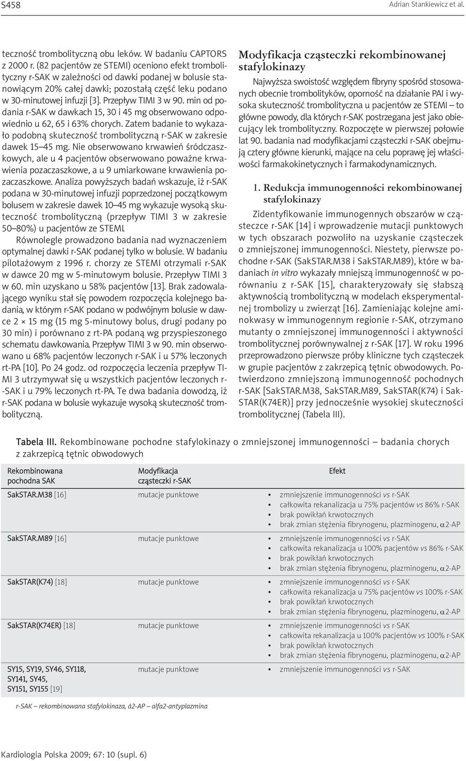 Przepływ TIMI 3 w 90. min od podania r-sak w dawkach 15, 30 i 45 mg obserwowano odpowiednio u 62, 65 i 63% chorych.