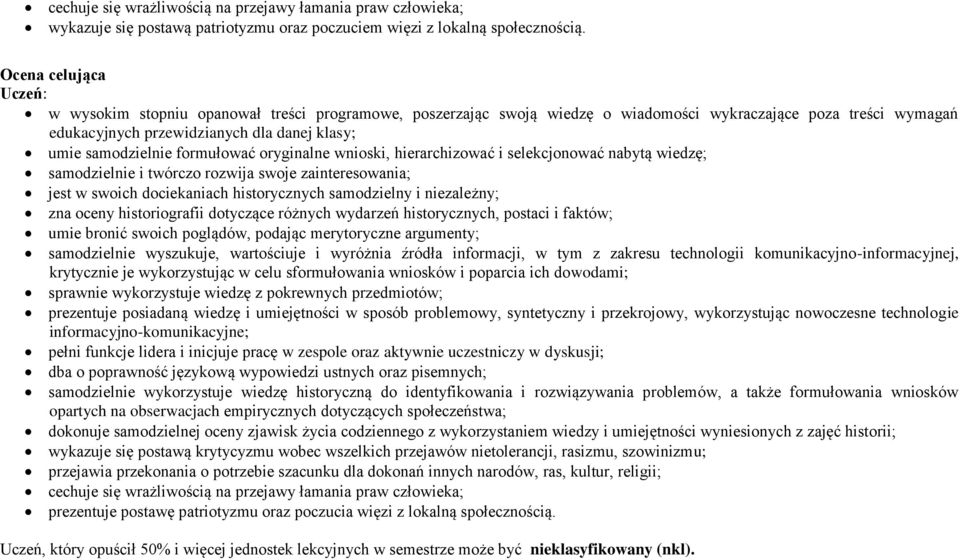 samodzielnie formułować oryginalne wnioski, hierarchizować i selekcjonować nabytą wiedzę; samodzielnie i twórczo rozwija swoje zainteresowania; jest w swoich dociekaniach historycznych samodzielny i