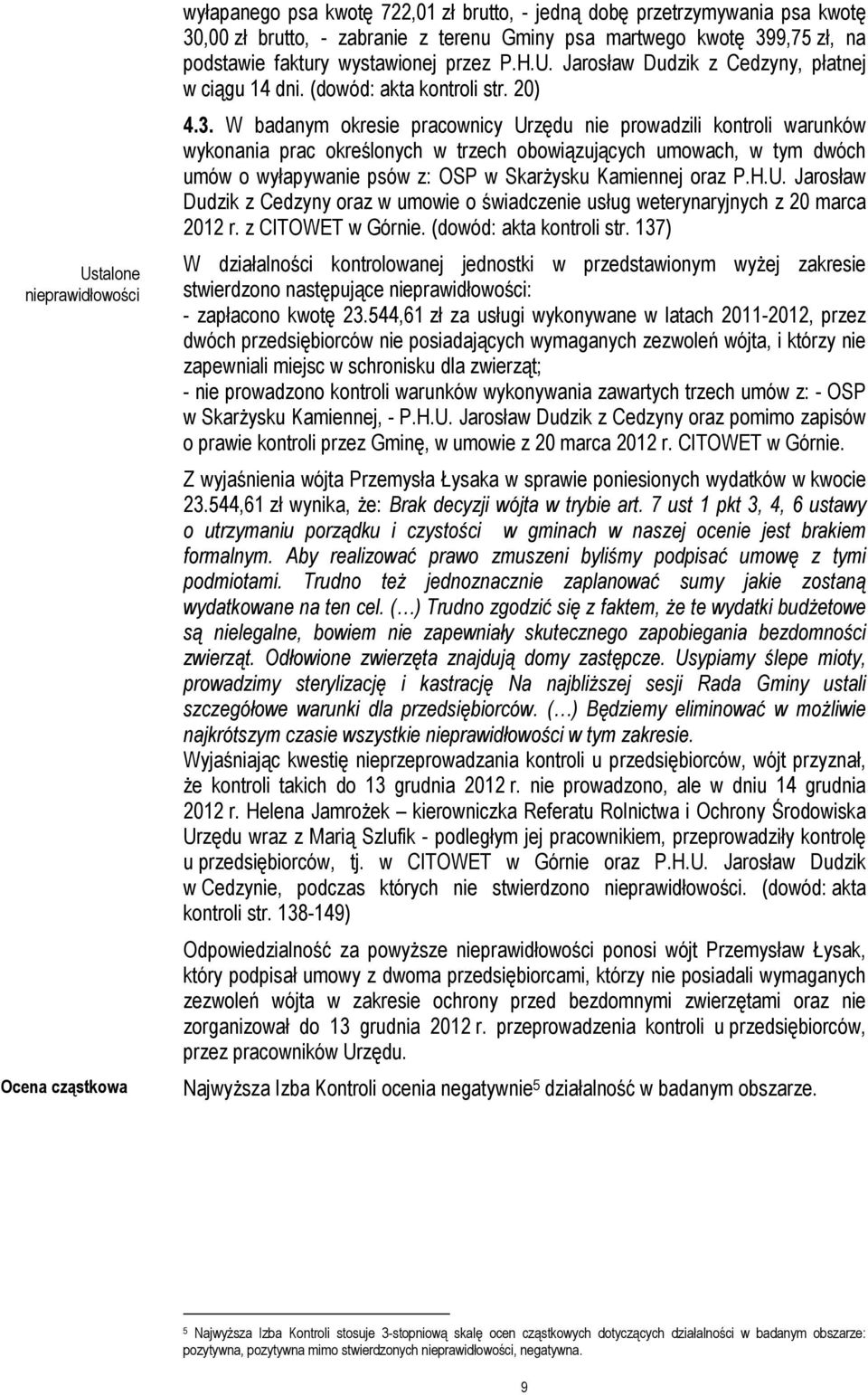 W badanym okresie pracownicy Urzędu nie prowadzili kontroli warunków wykonania prac określonych w trzech obowiązujących umowach, w tym dwóch umów o wyłapywanie psów z: OSP w Skarżysku Kamiennej oraz